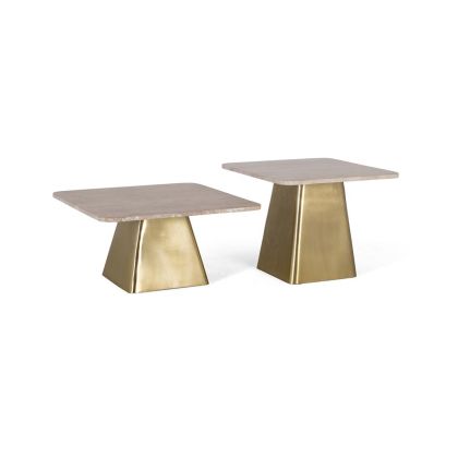 Set 2 Mesas Centro Tapa Mármol Base Metal Oro, 55 Cm
