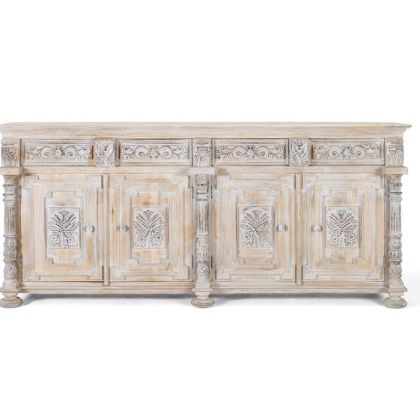 Aparador Tallado Blanco Envejecido Madera Mango, 225 Cm