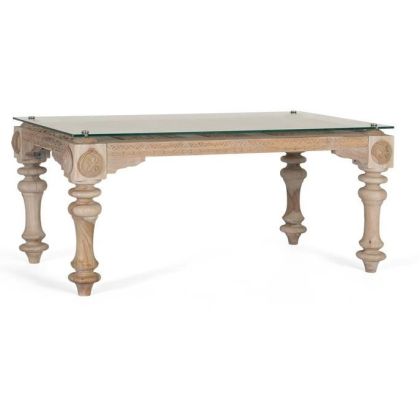 Mesa Centro Tapa Cristal Madera Tallada 122 Cm