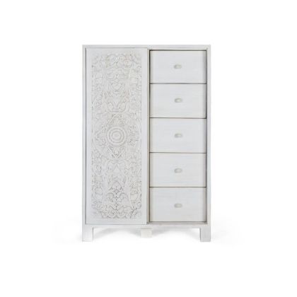 Armario  Madera Blanca Envejecida 1 puerta 5 cajones