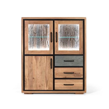 High Sideboard Natural Acacia LED Light 3 Doors, 130 Cm