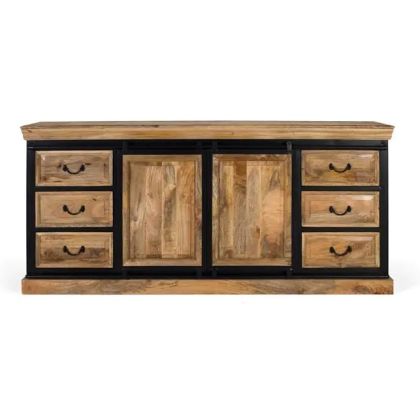 Natural Wood and Iron Sideboard 6 Drawers, 200 Cm