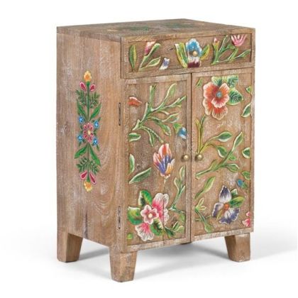 Mesita de noche o mueble auxiliar vintage con dibujos de flores en madera de mango natural y multicolor.