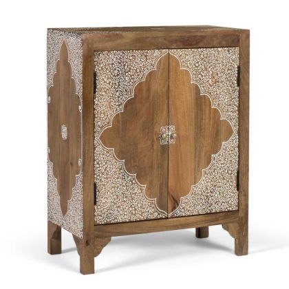 Mesita de noche o mueble auxiliar vintage en madera de mango natural con detalles en blanco.