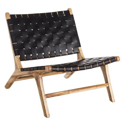 Sillón Escandinavo Madera Teka/ Piel Negro, 87 CM 