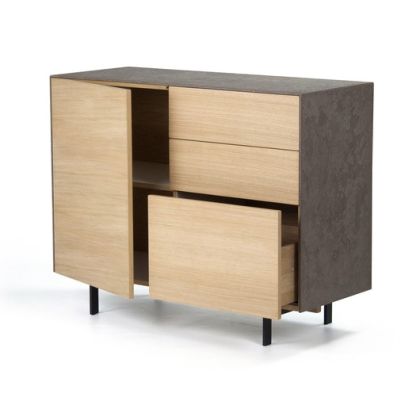 Aparador Nórdico Xena Roble Natural Cemento 1 Puerta 3 Cajones, 112 Cm