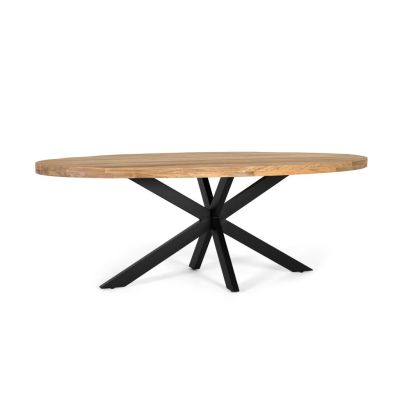 Mesa de comedor estilo industrial en madera de mango natural y patas de hierro negro.