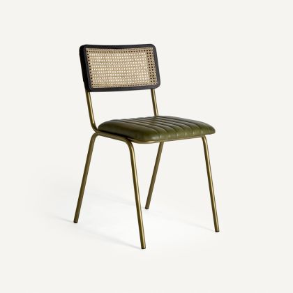 Silla Vintage Hierro Negro Cuero Marrón Ratán, 44 Cm