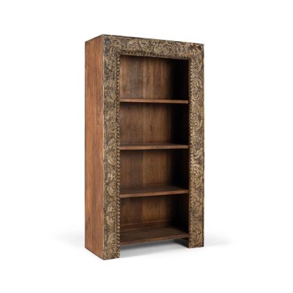 Librería estilo vintage en madera de mango envejecido con flores talladas a mano. 