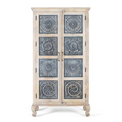 Armario geométrico vintage en madera de mango blanco y azul.
