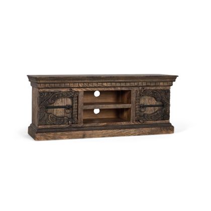 Mueble de TV vintage en madera de mango marrón envejecido.