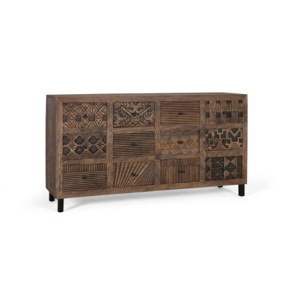 Aparador vintage-boho en madera de mango marrón con patas de hierro negro.