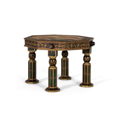 Mesa de centro oriental en madera de mango multicolor con motivos florales.