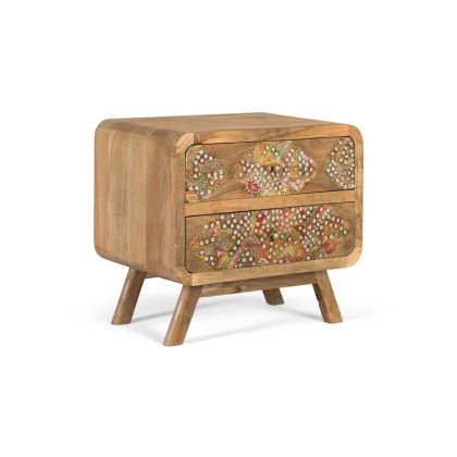 Mesita de noche estilo étnico en madera de mango natural con incrustaciones multicolor.