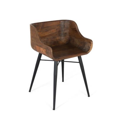 Silla industrial en madera de teca acabado avellana y patas metálicas de hierro negro.