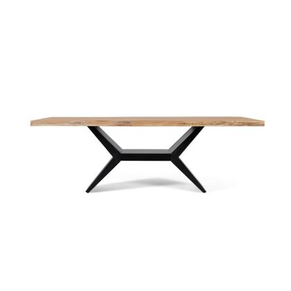Mesa de comedor rectangular estilo industrial en madera de acacia natural y patas de hierro negro.