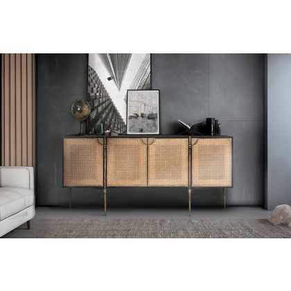 Aparador Madera Negra Ratán Trenzado 4 Puertas, 185 cm