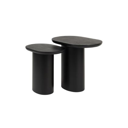 Set 2 mesas auxiliares de diseño moderno en madera de mango y base de hierro negro.