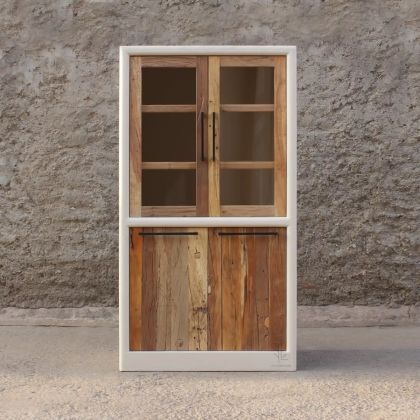Cream White Cement Effect Recycled Wood Display Cabinet, 90 Cm