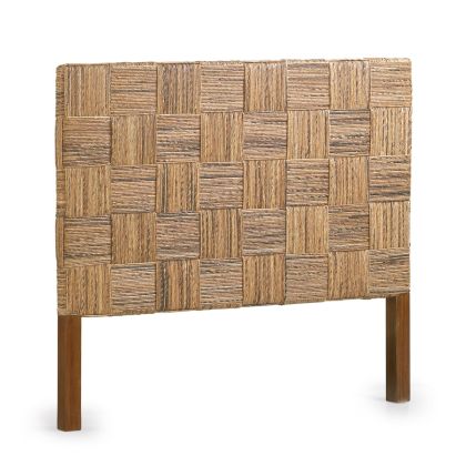 Cabecero étnico en ratán y cuerda trenzado en forma de cuadros natural y madera mindi marrón.