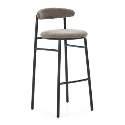 Taburete o Silla Alta de Metal Negro y Tela Gris.