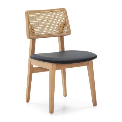 Chair 52x54x80 Natural Wood/Black Synthetic Leather/Natural Rattan