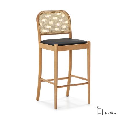 Stool 43x47x97 Natural Wood/Black Faux Leather/Natural Rattan