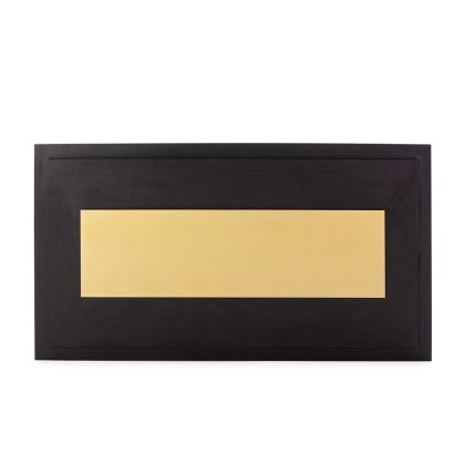 Cabecero art decó en madera negra con panel central de metal dorado.