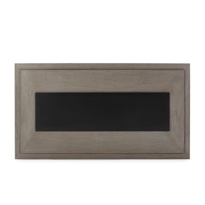 Cabecero industrial moderno en madera gris con panel central de metal negro.