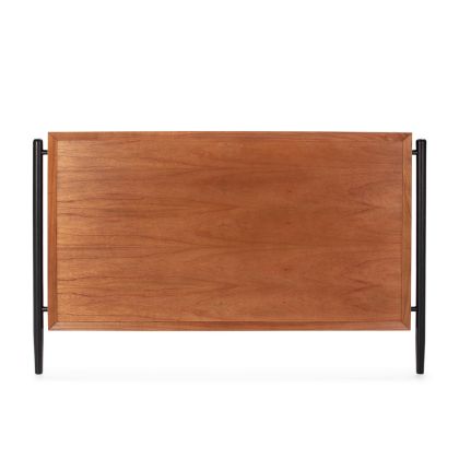 Cabecero industrial moderno en madera marrón con metal negro en los dos laterales.