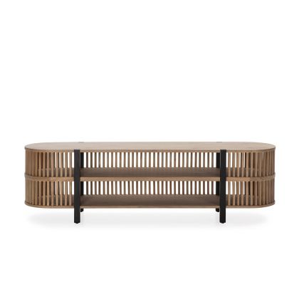Mueble de TV Contemporáneo en Madera arena y Metal negro.