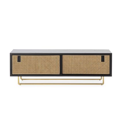 Mueble de TV en madera negra, ratán natural y base de metal dorado 160 cm