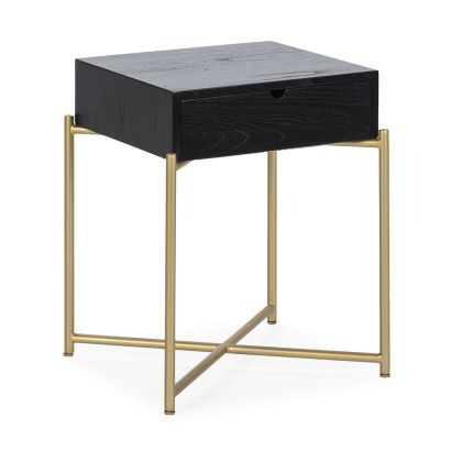 Mesita de noche Moderna en madera de cedro negro y metal dorado.