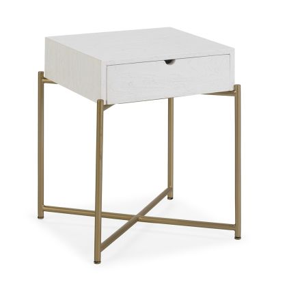 Mesita de noche Moderna en madera de cedro blanco y base de metal dorado.