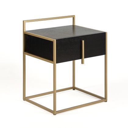 Mesita de noche Estilo Moderno en madera de cedro negro y metal dorado.