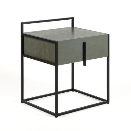 Mesita de noche estilo Industrial en madera de cedro gris y metal negro.