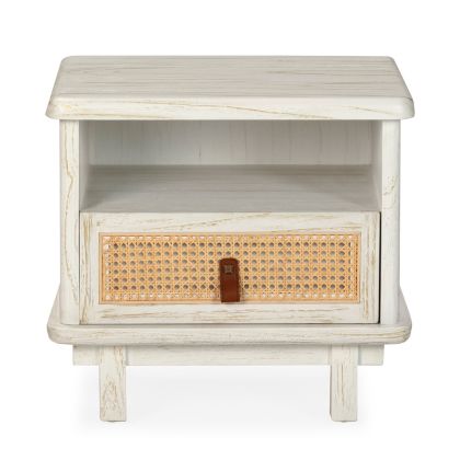 Nightstand 47x47x62 Cedar Wood/Metal/Rattan -- Washed White/Gold/Natural