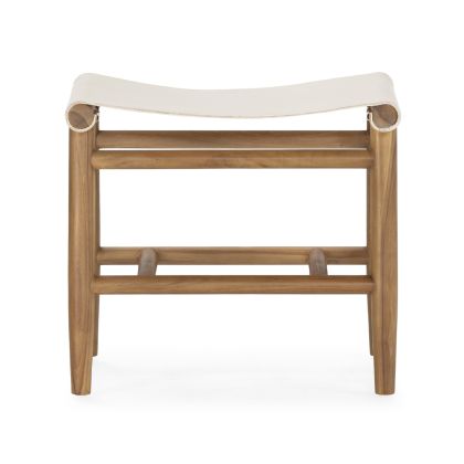 Taburete Nórdico en madera de teca natural y cuero blanco.