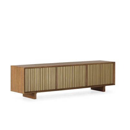 Mueble de TV art decó en madera natural con listones dorados.