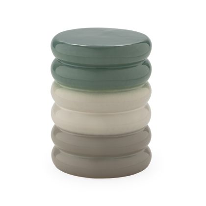 Taburete, Mesa Auxiliar o Pieza Decorativa en Cerámica color Verde, Blanco y Gris.