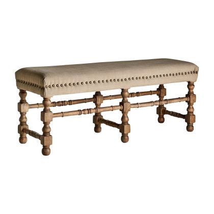 Pie De Cama Madera Marrón Tejido Beige Antiguo, 128 Cm