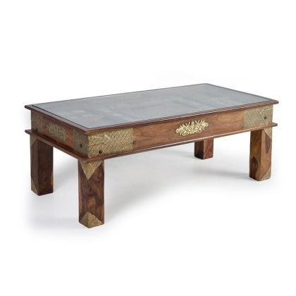 Mesa Centro Madera Bronce Azulejos Cristal, 120 Cm