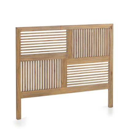 Cabecero nórdico con barrotes horizontales y verticales en madera mindi natural.