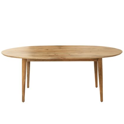 Mesa de comedor ovalada nórdica en madera de mango natural.