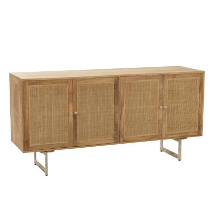 Aparador 4 puertas nórdico en madera de mango natural y patas de metal gris.