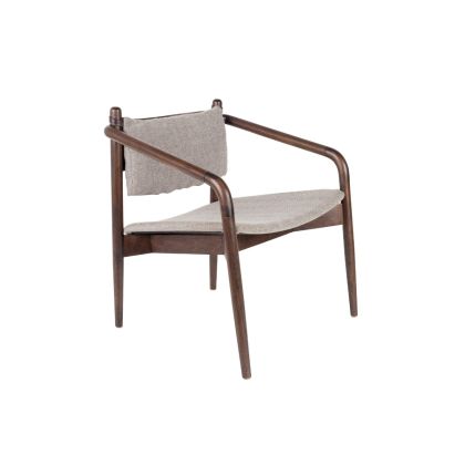 Sillón retro en madera de nogal con cojín gris.
