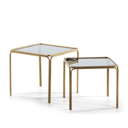 Set of 2 Side Tables 51x51x47 / 46x46x41 Smoked Glass/Golden Metal
