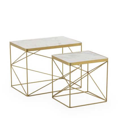 Set of 2 Side Tables 24x16.5x18/16x14.5x16 Metal/Marble -- Gold/White