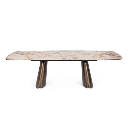 Mesa de comedor extensible diseño moderno tablero de cerámica con capa inferior de vidrio y acero efecto cobre cepillado.