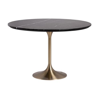Mesa de comedor en porcelánico negro y base de acero dorado.